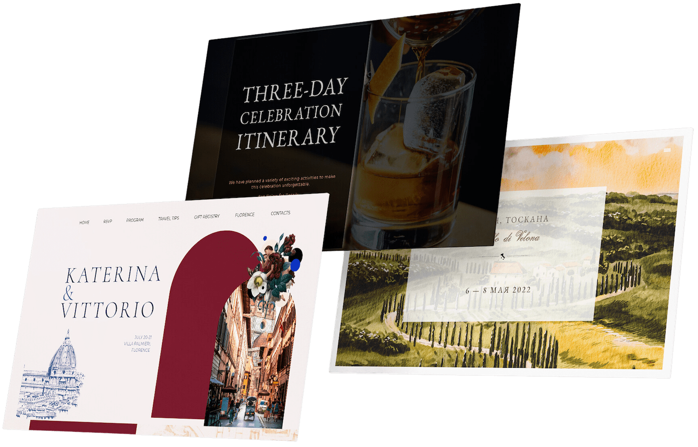 Three wedding invitation cards. The first card shows "Katerina & Vittorio" with a drawing of a dome and a street scene. The second card has a drink being poured with "Three-Day Celebration Itinerary." The third card depicts a scenic landscape with "Tuscany" and a date. Explore their custom-designed wedding website for more details.