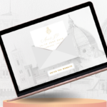 A laptop sits on a round pedestal, displaying a custom-designed wedding website with an elegant, partially open envelope graphic. The screen shows a wedding date, 16-19 June 2022, and location, Florence, Italy. The background features sketches of historic Florence landmarks.