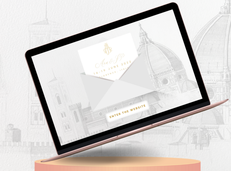 A laptop sits on a round pedestal, displaying a custom-designed wedding website with an elegant, partially open envelope graphic. The screen shows a wedding date, 16-19 June 2022, and location, Florence, Italy. The background features sketches of historic Florence landmarks.