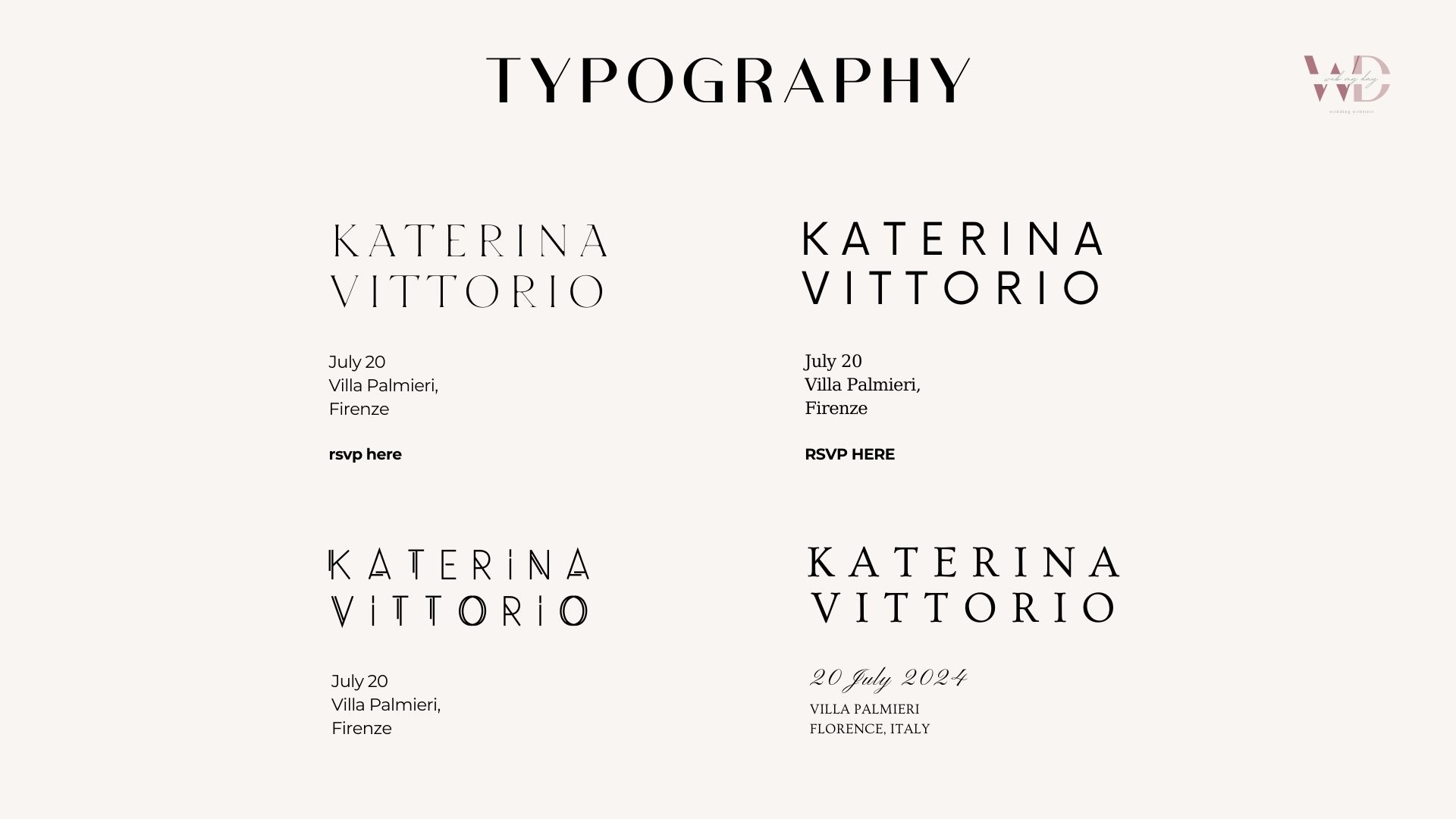 A minimalist infographic titled "Typography" displays four font examples for the names "Katerina Vittorio," showcasing elegant date and location layouts—perfect inspiration for a luxury wedding or bespoke website event in Firenze, Italy, on July 20, 2024.