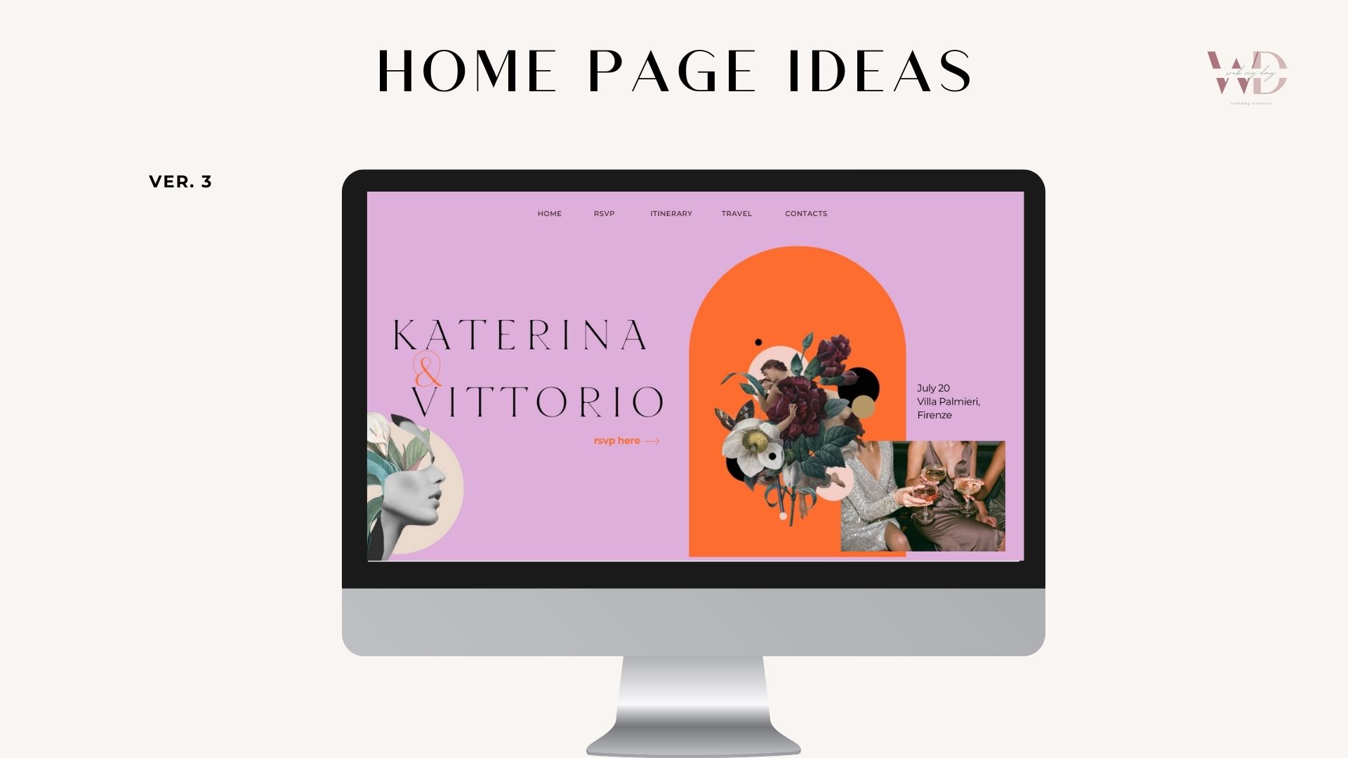 A computer monitor displays a colorful wedding website homepage with "Katerina & Vittorio" text, floral collage, and event details. The exclusive web design features a lavender and orange background, navigation links, and artistic graphics.
