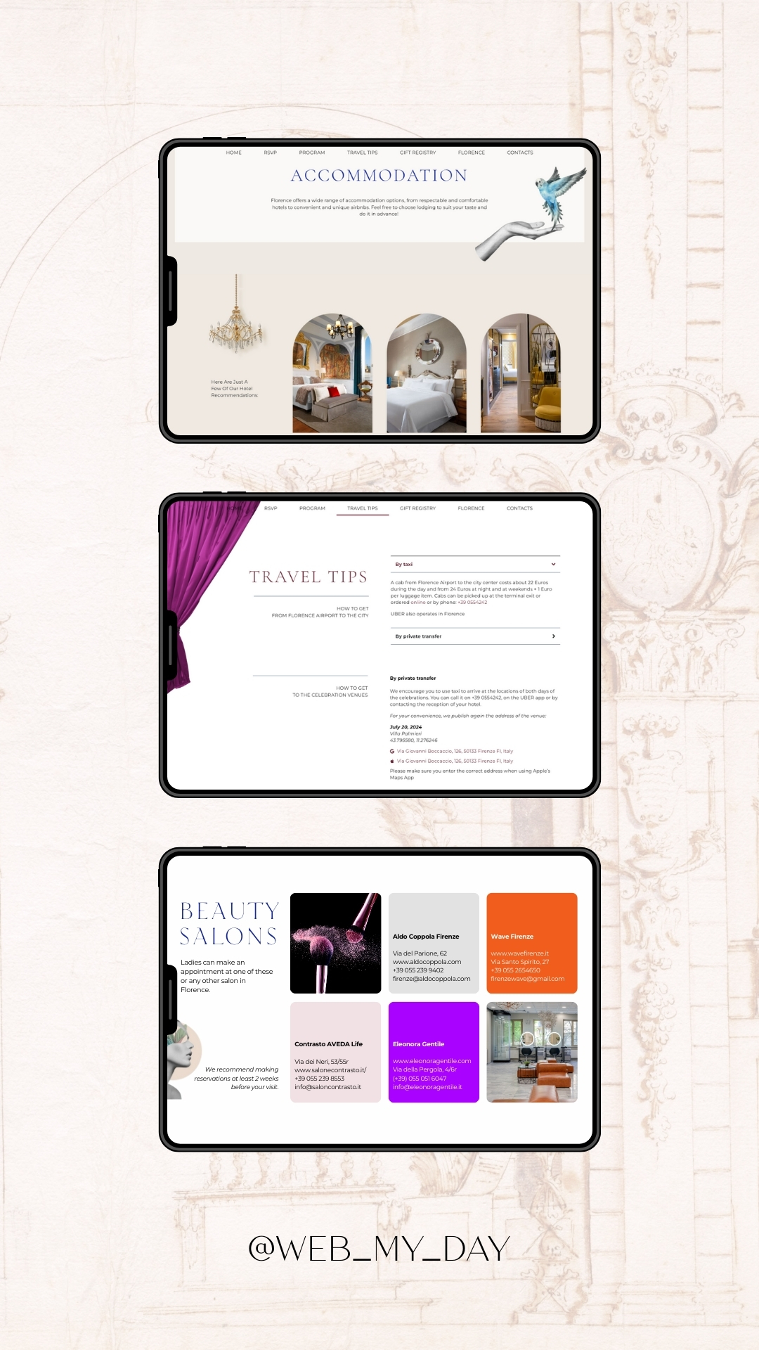 Three tablet screens display web pages for accommodation, travel tips, and beauty salons—each featuring exclusive web design—against a light, ornate background. The Instagram handle "@WEB_MY_DAY" appears at the bottom.