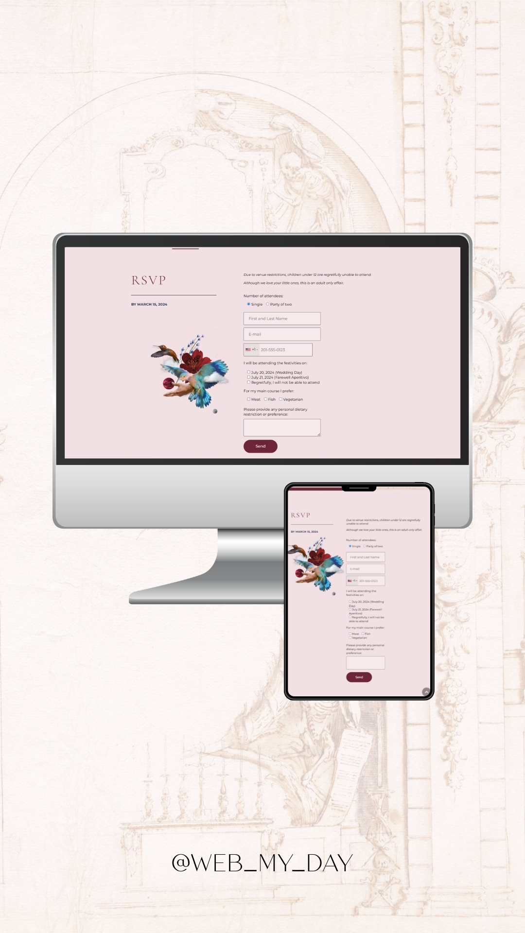 A computer monitor and a tablet display a luxury wedding RSVP form with floral graphics on a pale pink background. The handle "@WEB_MY_DAY" appears at the bottom, while a faint vintage drawing decorates this elegant event website.