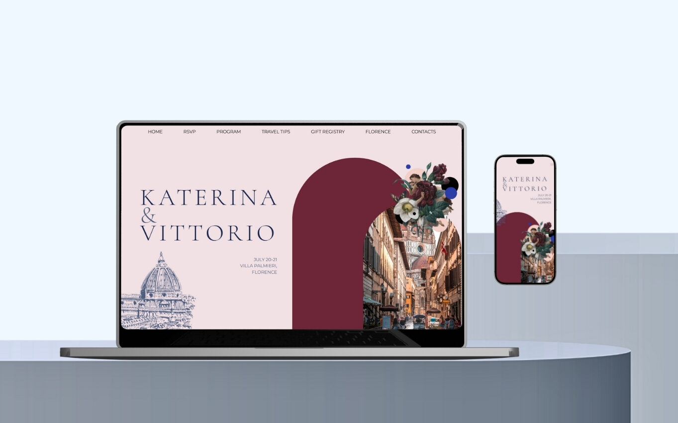 A laptop and smartphone display a bespoke event website for Katerina & Vittorio’s luxury wedding, featuring Florence landmarks, floral graphics, and navigation menus on a modern, minimalist design.