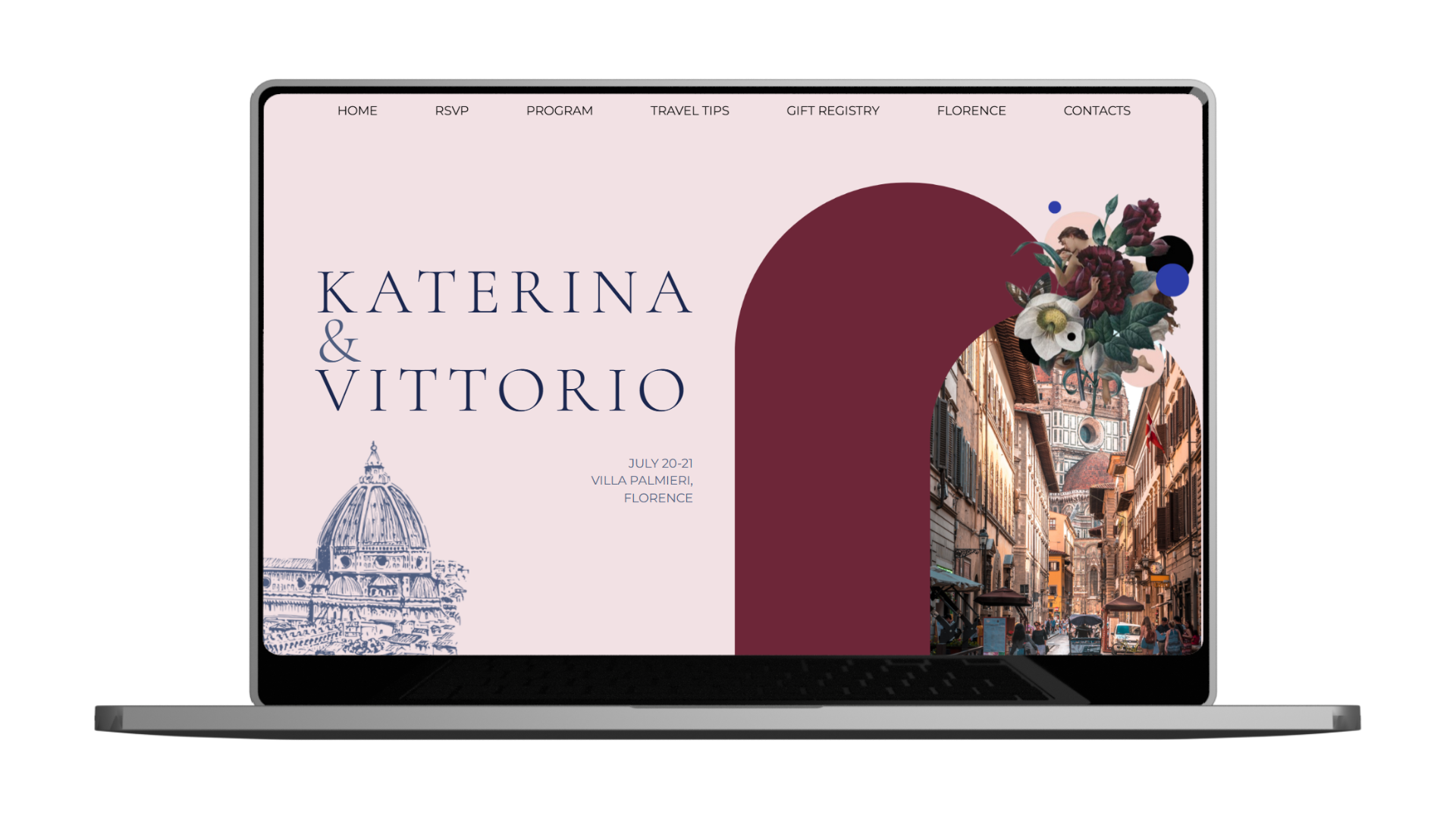 A laptop displays a bespoke website for Katerina & Vittorio's luxury wedding, featuring illustrated Florence landmarks, a street scene, and decorative florals. The exclusive web design includes RSVP, program, travel tips, gift registry, and contacts.