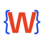 A large red letter "W" is centered between two blue curly brackets on a light gray background, evoking a modern and elegant design perfect for a wedding website.