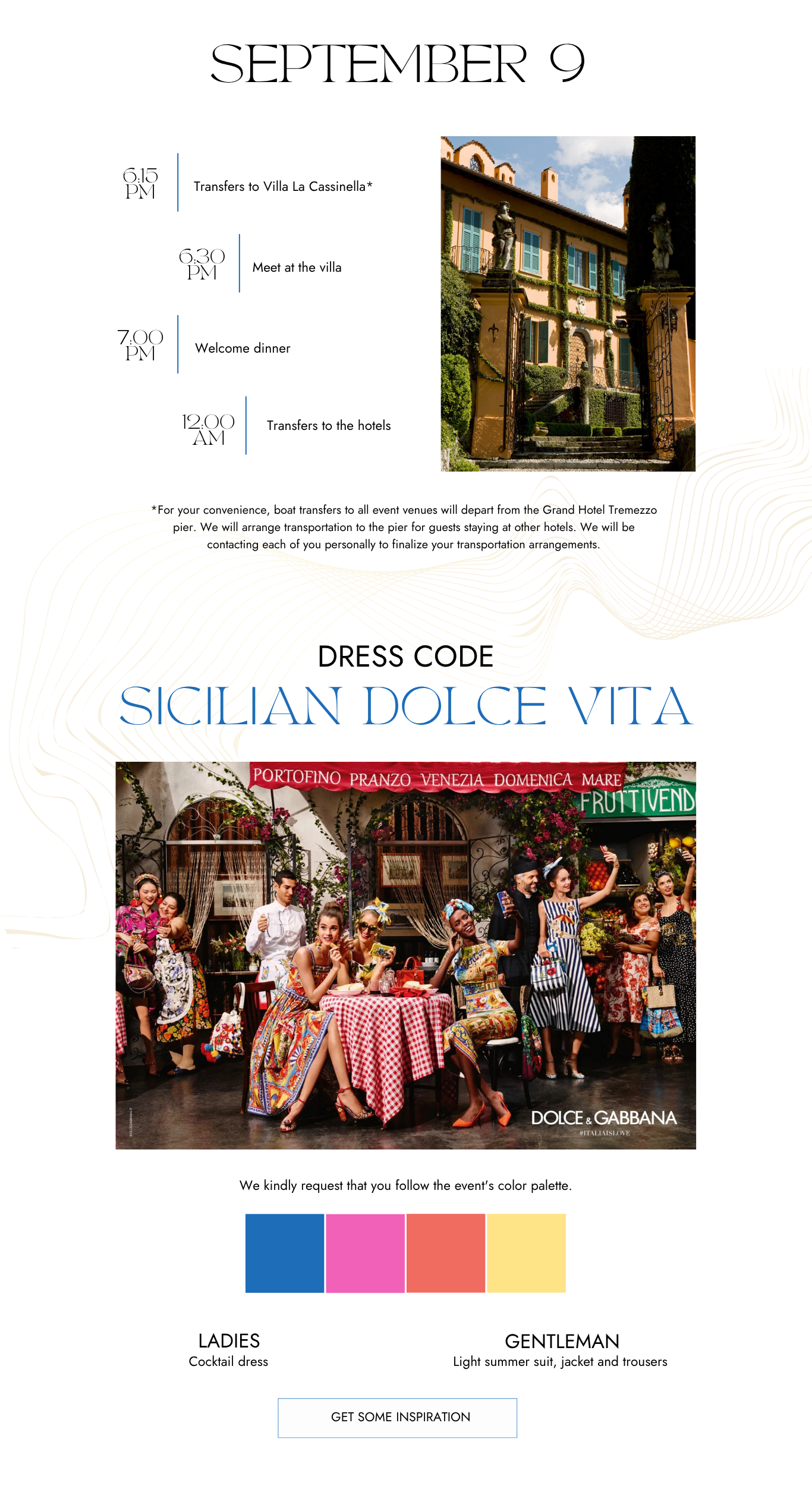 A colorful event itinerary for September 9 featuring villa transfers, a luxury wedding welcome dinner, and return trips. Dress code: "Sicilian Dolce Vita" with a vibrant Dolce & Gabbana photo and a palette of pink, orange, and blue.