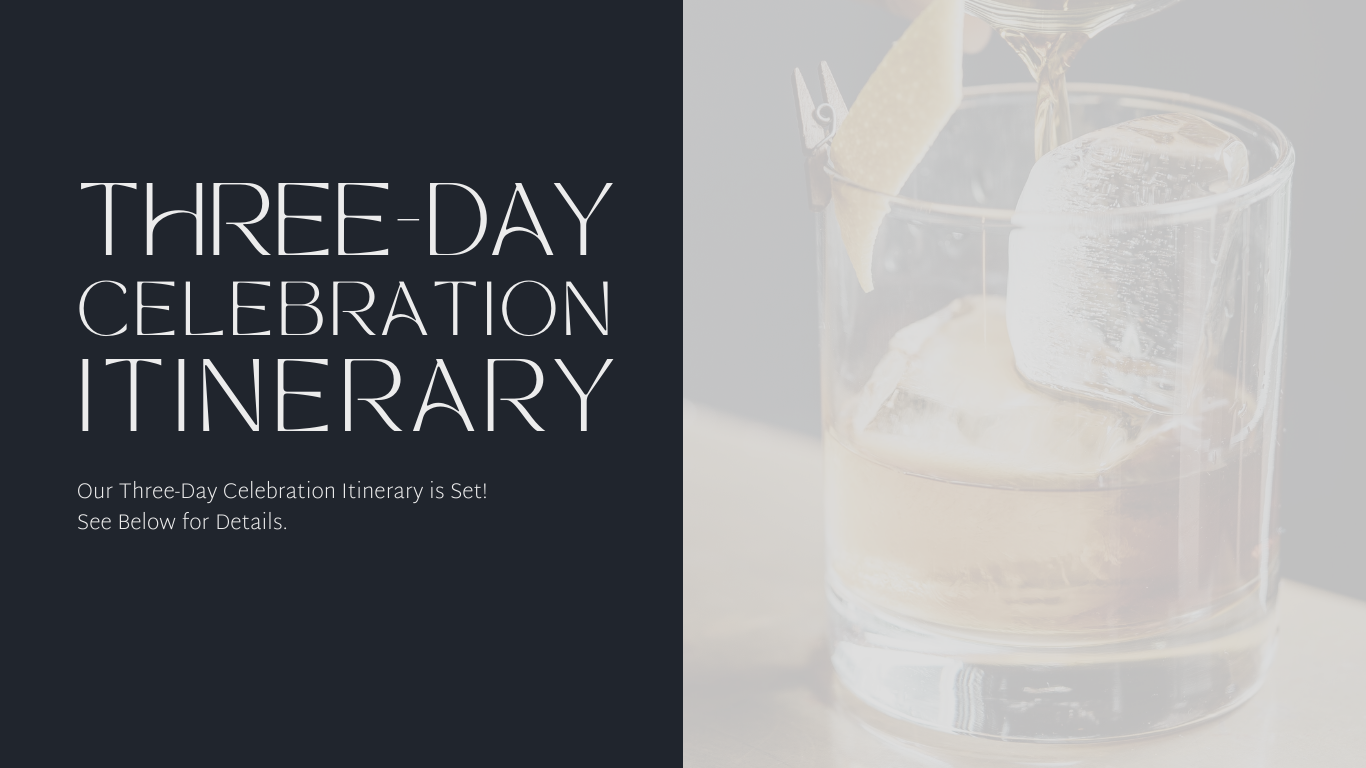 Split image with dark left panel reading "Three-Day Celebration Itinerary. Our luxury wedding itinerary is set! See below for details." Right panel features a close-up of a cocktail with ice and a lemon twist.