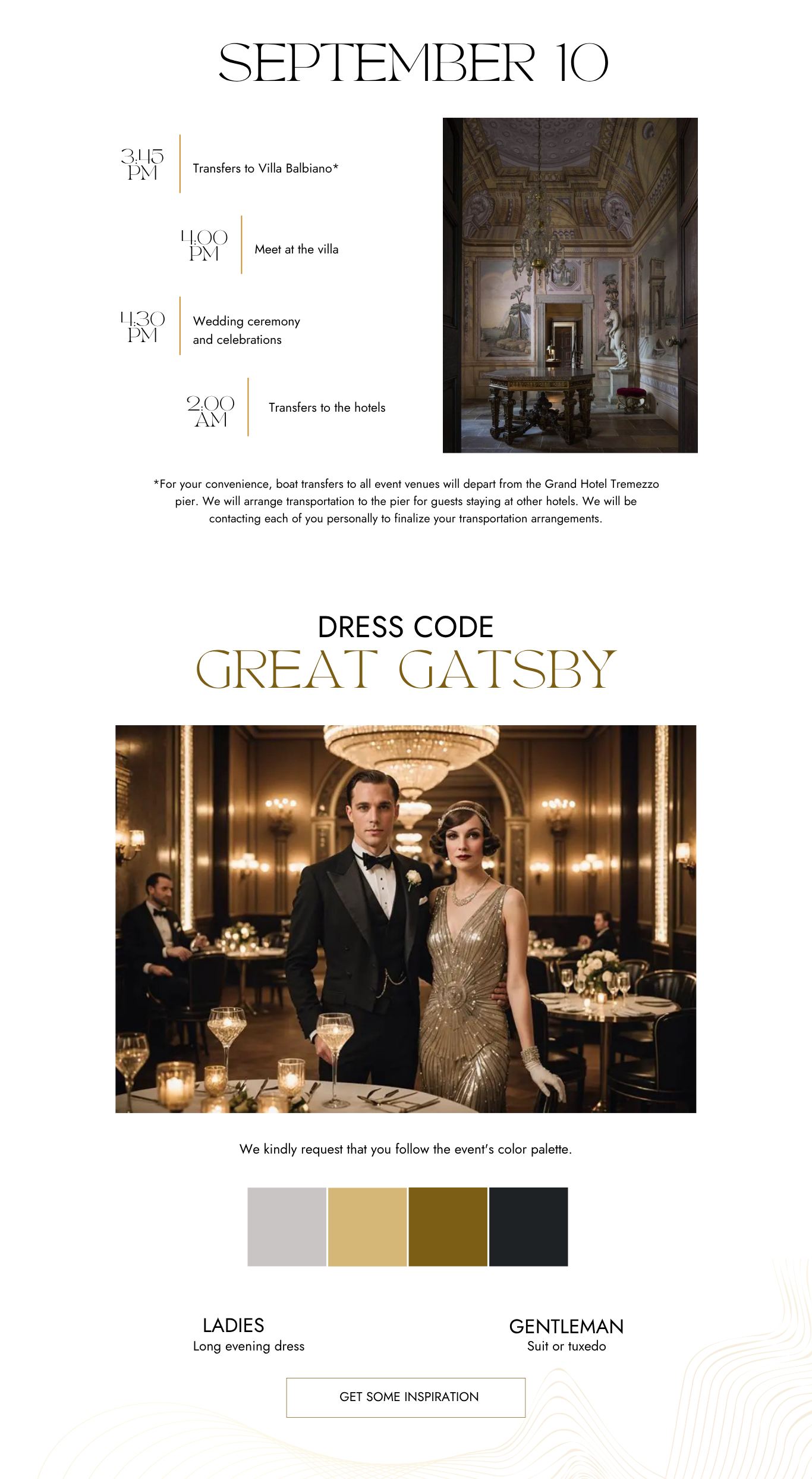 Elegant wedding invitation with a Great Gatsby theme. This bespoke wedding website features a schedule, ornate venue photos, a glamorous couple in formal attire, and a gold, cream, and black palette guideline for your luxury wedding celebration.