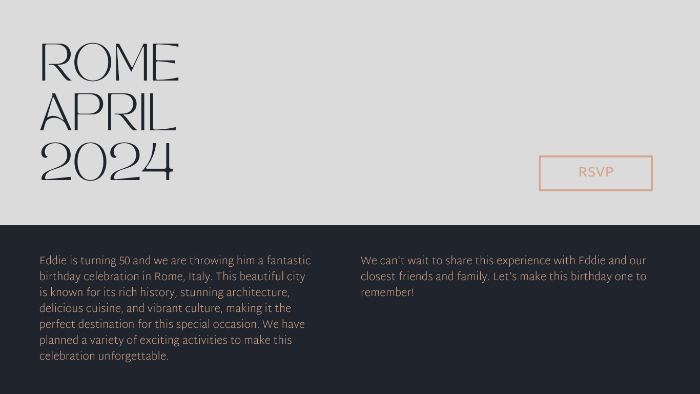 A digital invitation for a birthday celebration in Rome, April 2024, featuring an exclusive web design and RSVP button, plus a message highlighting Rome's attractions and the excitement of sharing the occasion with loved ones.