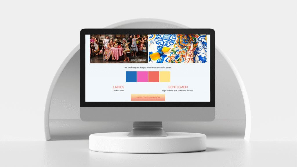 A computer monitor displays an exclusive web design for an event invitation webpage, featuring a dress code palette, party images, and color guidelines for ladies and gentlemen, all set on a round white platform against a white background.