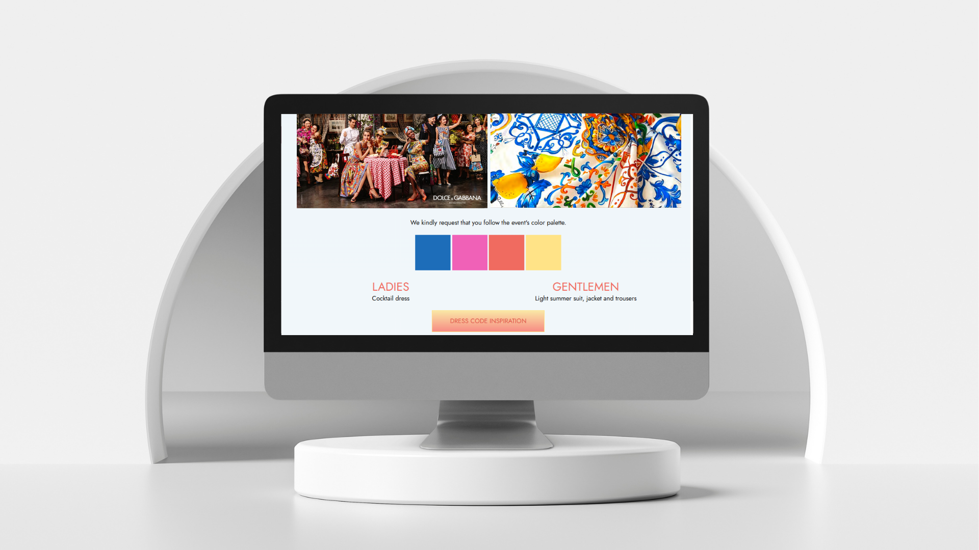 A computer monitor displays an exclusive web design for an event invitation webpage, featuring a dress code palette, party images, and color guidelines for ladies and gentlemen, all set on a round white platform against a white background.