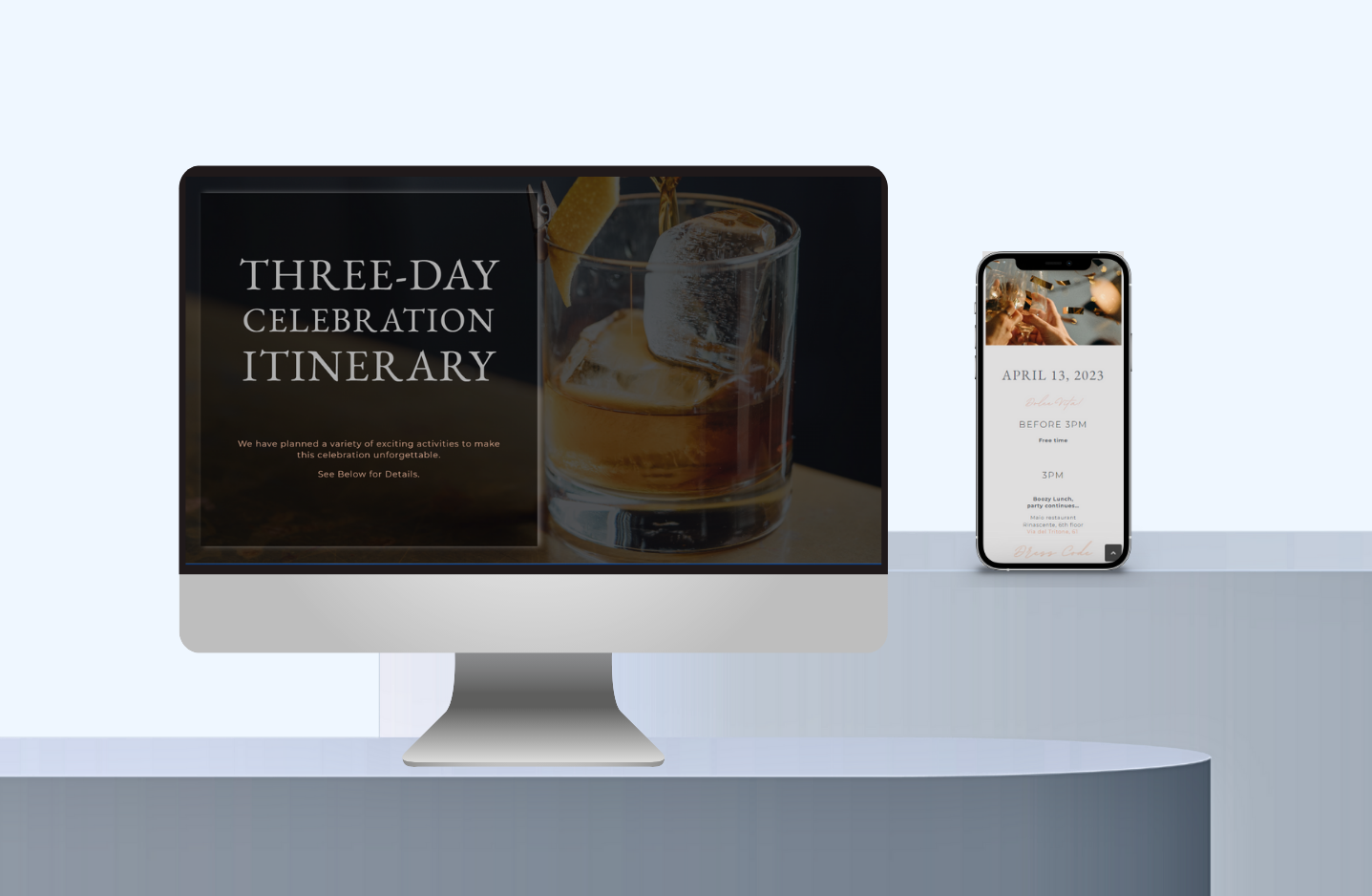 A computer screen displays a "Three-Day Celebration Itinerary" with an image of a drink being poured, while a smartphone showcases an exclusive web design for an event invitation dated April 13, 2023, on a white background.
