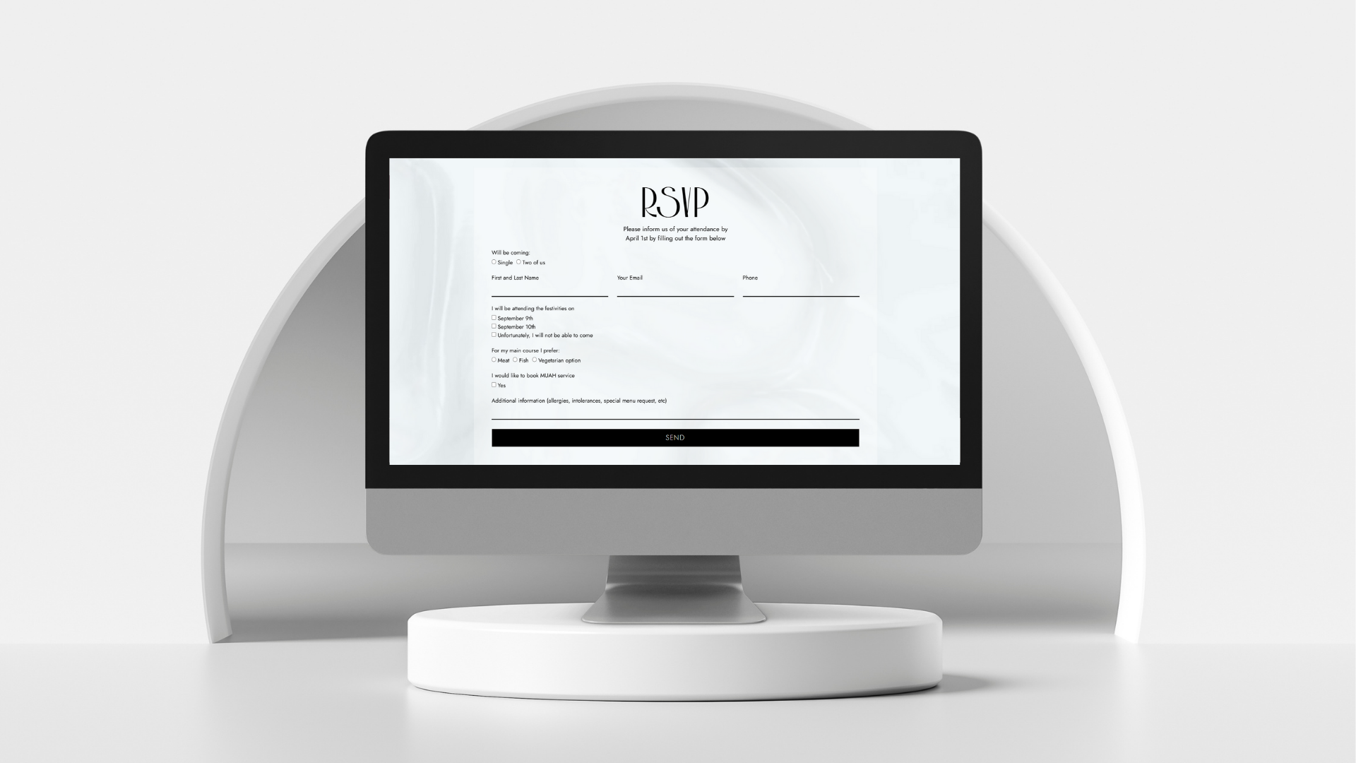 A computer monitor on a round white stand displays an RSVP form with minimal design, black text fields, and a black "SEND" button, reflecting exclusive web design, set against a white arch background.