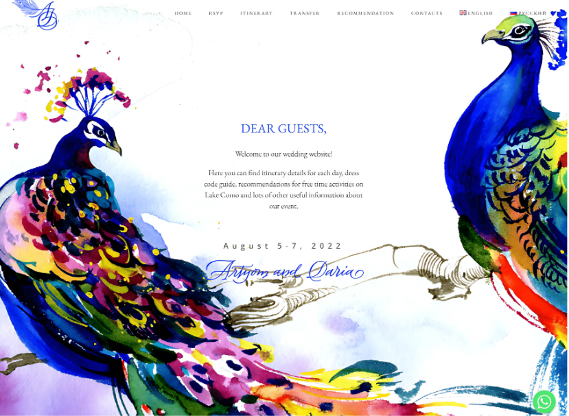 Two colorful peacocks painted in watercolor frame this luxury wedding website invitation. Text in the center welcomes guests and provides event details for a wedding taking place August 5-7, 2022. Navigation links are at the top.