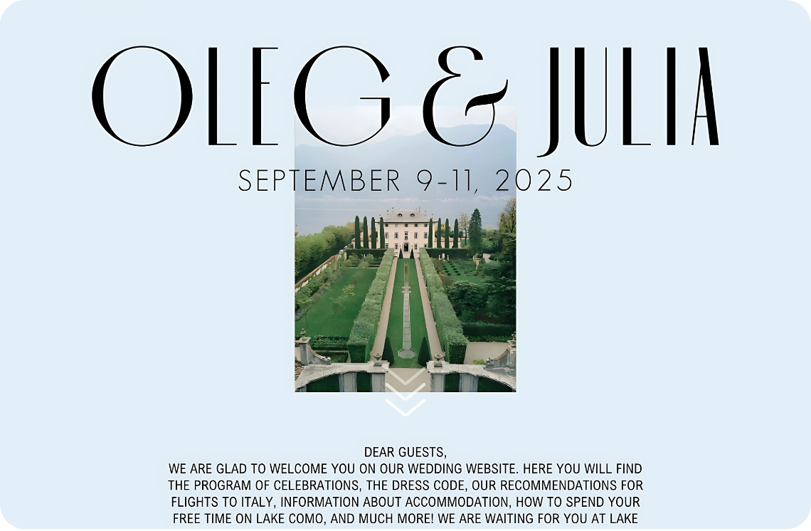 Elegant wedding invitation for Oleg and Julia, featuring a photo of a grand villa and gardens. The text includes the date, September 9-11, 2025, a welcome message with event details, and an exclusive web design for their bespoke event website.