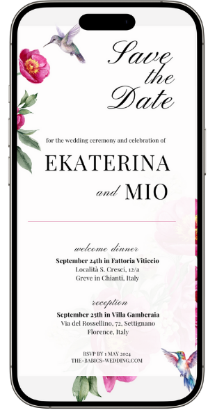 A digital "Save the Date" card on a smartphone screen features floral borders, hummingbirds, and details for Ekaterina and Mio's wedding events in Italy, with a link to their bespoke wedding website for more information on dinners and receptions.
