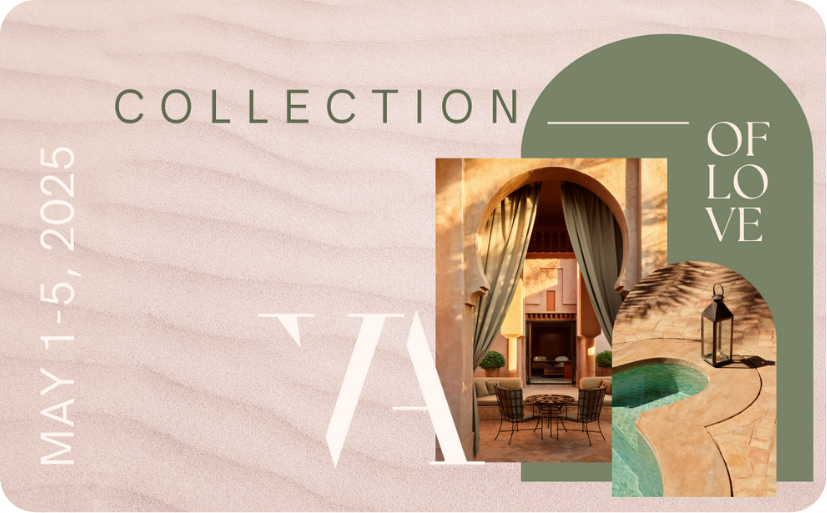 A graphic with the text “COLLECTION OF LOVE” and dates “May 1-5, 2025.” The soft, sandy background features photos of a luxury wedding setting, including an elegant outdoor seating area and a pool with arches and lanterns.