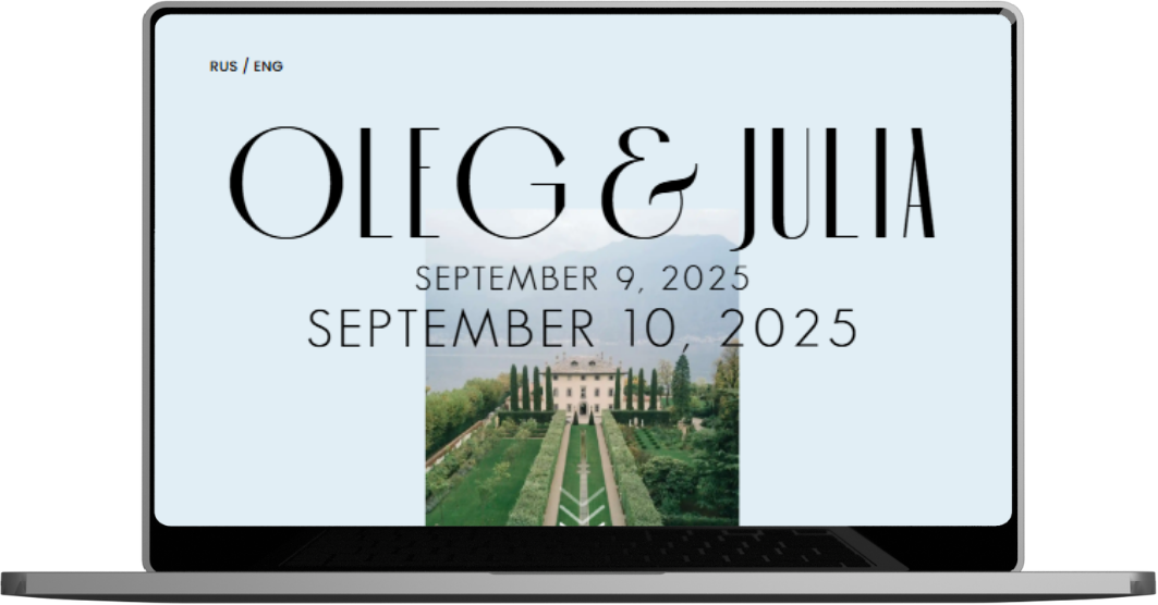 A laptop screen shows a luxury wedding invitation for Oleg & Julia with RUS/ENG language options, dates, and a garden backdrop. The exclusive web design highlights their wedding website against a grand building setting.