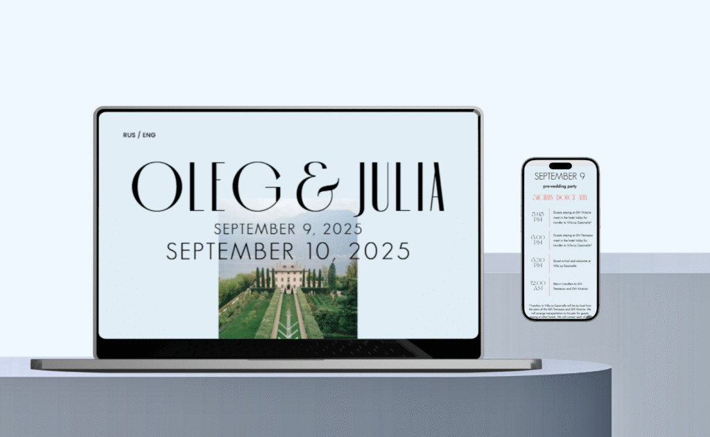 A laptop and smartphone showcase an exclusive web design for Oleg & Julia's luxury wedding, featuring their wedding website with the event date, September 9-10, 2025, and a photo of a grand estate and garden below their names.