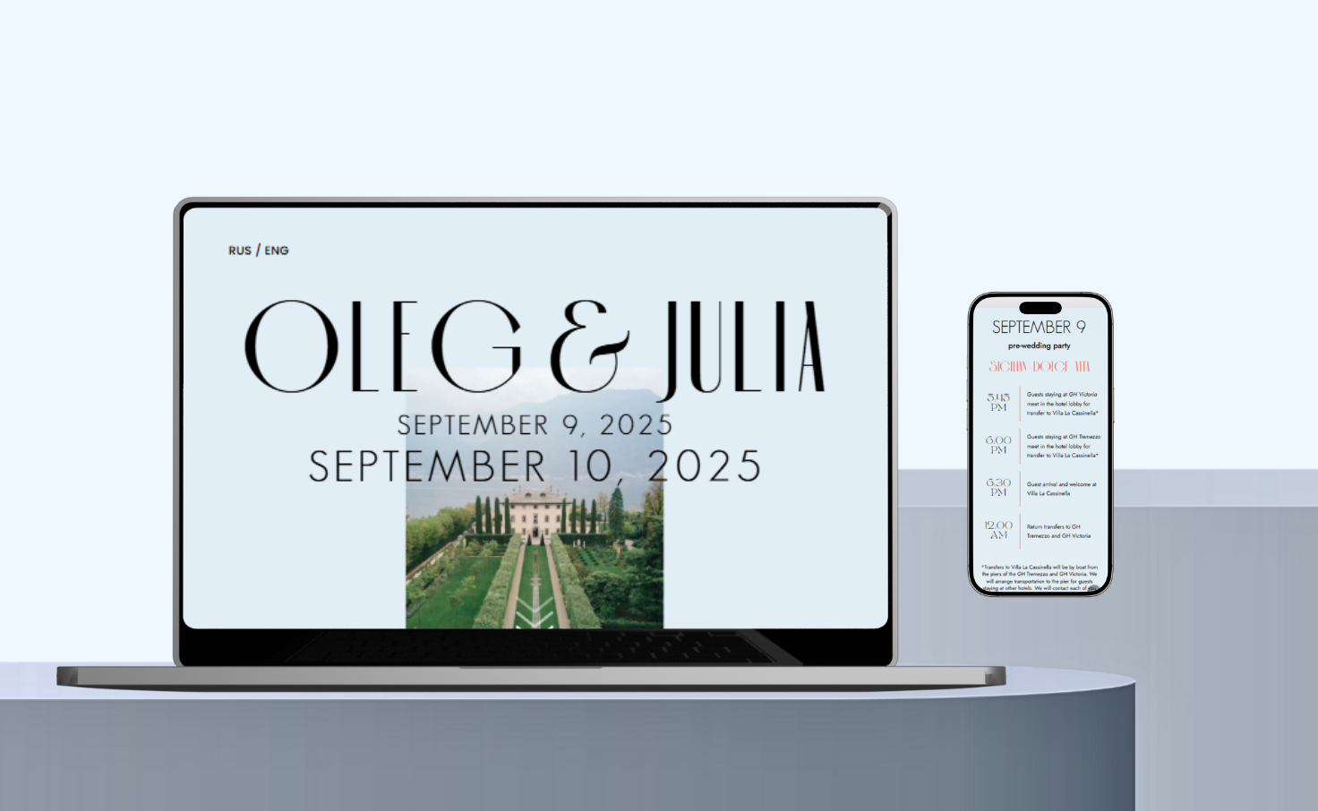 A laptop and smartphone showcase an exclusive web design for Oleg & Julia's luxury wedding, featuring their wedding website with the event date, September 9-10, 2025, and a photo of a grand estate and garden below their names.