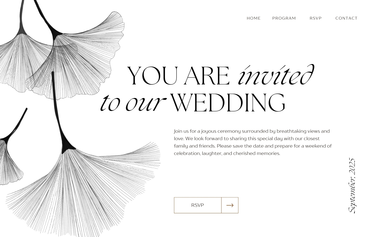 Wedding invitation with delicate, hand-drawn ginkgo leaves on a white background. Elegant fonts announce, "You are invited to our wedding." Exclusive web design features RSVP and navigation options. "September, 2025" is written vertically.