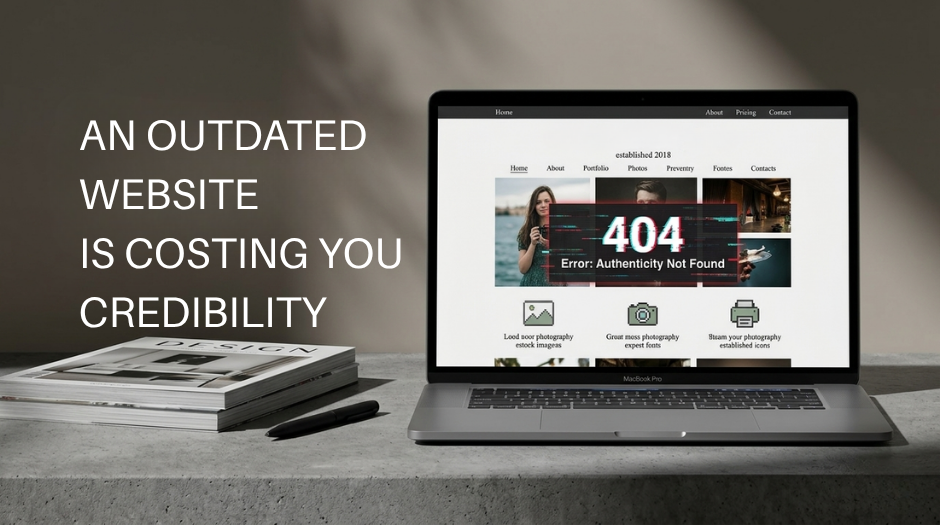 A conceptual hero image for a creative portfolio refresh studio. An elegant, premium silver MacBook Pro on a grey textured concrete desk showing a glitchy, outdated website design. The screen has red digital errors and a '404' glitch overlay, symbolizing the 'link-shame' experienced by professionals with outdated websites. The minimalist luxury office setting contrasts with the failed online presence.